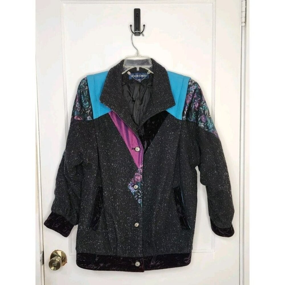 Vtg Rock Creek Sz Medium Floral Colorblock Wool Blend Jacket Western Rock Velvet